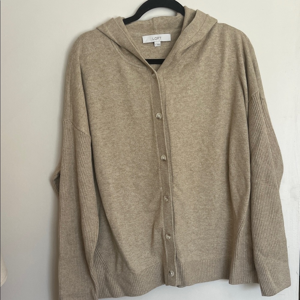LOFT Neutral Hooded Button-Front Cardigan in Light Taupe